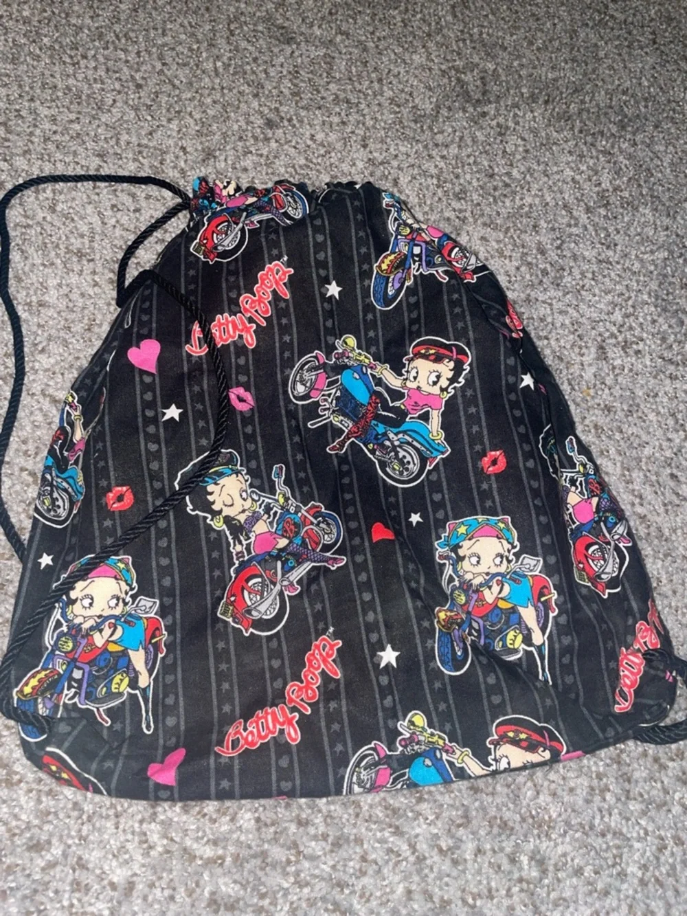Betty Boop Black Drawstring Backpack with Multicolor Motifs